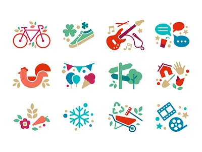 Activities Icons bike chat chicken christmas cinema color farmers market garden icon movie music nonprofit party social st. patricks vector winter