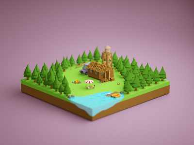 Jungle Life 02 3d 3d art 3d artist c4d cabin car cinema 4d design house illustration jungle lake low poly low poly art render weekend