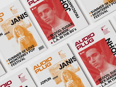 Audio Plug music mag branding classic rock editorial design graphic design graphic design logo halftones janis joplin layout design magazine design red hot chilli peppers rock music type typography wordmark