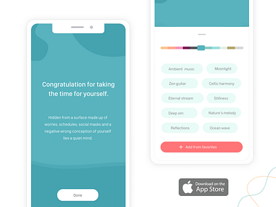 Deeplyapp app buttons color bars confirmation congratulation control deeply done favorites filters health ios loading bar meditation mobile app music pastel colors pills sounds ui