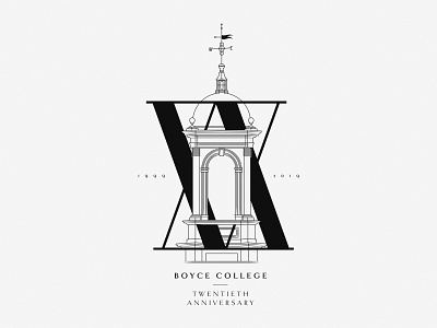 Boyce College 20th anniversary badge black branding building campus christian church college cover editorial illustration magazine roman seal tower university white x