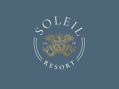 Soleil Resort anchor anchor logo aquatic brand and identity branding crest logo gold logo logo design mermaid mermaids nautical ocean resort serif serif logo soleil typography