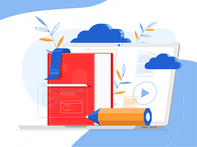 Online education book cloud design drawing education illustration knowledge landing landing page laptop learning line notebook online page school simple time web website