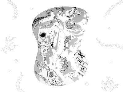 Paper ocean astronaut coral cut out design discoball drawing fish giraffe hand drawn illustration ocean paper pen photograph rocket sea seaweed space starfish underwater