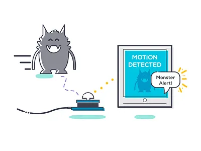 Monster Detector branding design detect digital electronics graphicdesign illustration internetofthings iot linedrawing monster motion pir sensor tech ui ux visuals web wia