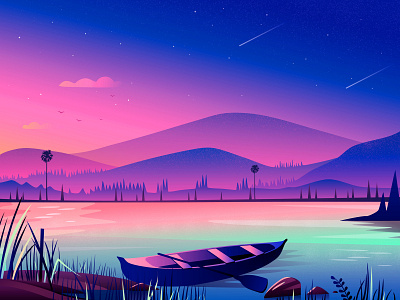 Lake View boat canoe illustration lake mountain sky vector view