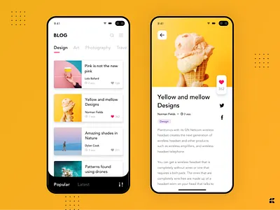 Blog mobile app app blog clean flat minimal mobile phone ui ux yellow