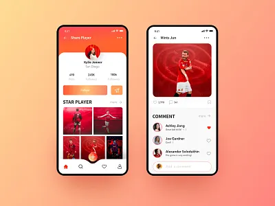 soccer information interfaces card comment design follower football icon illustration interfaces orange soccer star player ui ux
