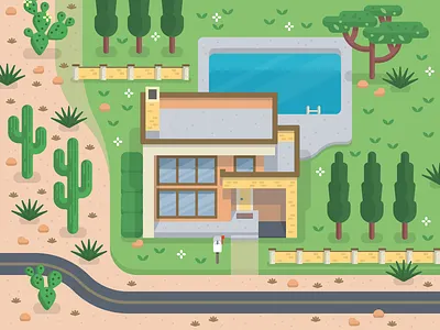 Little Modern Home cacti cactus digital illustration flat flat illustration home house illustration map design modern overhead overworld vector illustration