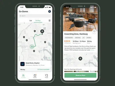 Workspace Details app coworking ios location map price reserve ui ux