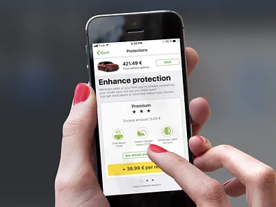 Upselling Covers for Cars with Swipes booking system call to action cards carousel design e commerce product swipe ui ux