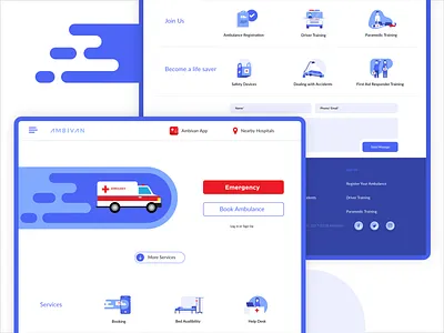 Ambivan Landing Page ambulance booking emergency icongraphy illustration interaction design landing page medical app user experience user inteface ux ui ux laws web design
