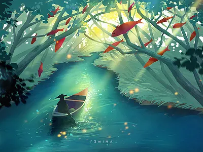 Jungle Adventures adventure boat fish forest green illustration jungle lake sunlight tree