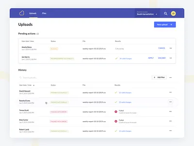 Bulk uploads bulk check clean dashboard enterprise app material pending product design product designer reports status table uploads utility web app