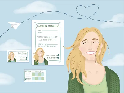 Branding for Massage therapist with her portrait branding business card character character design design face flat girl illustration paper planes portrait sky blue skydive smile vector