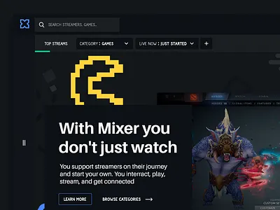 Live game streaming platform : Landing Page browse category concept cta dark interface gaming hero hero area landing page menu options platform search streaming tabs teaser user experience user interface web website