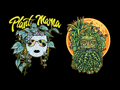 Plant Mama and Plant Daddy. beard foliage illustration moon plants pots shades typography