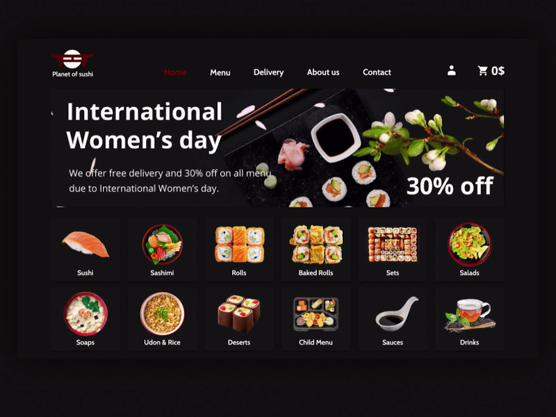 Hero area of a sushi delivery restaurant black black red white design landing restaurant sushi ui user interface ux web web banner web desgin website