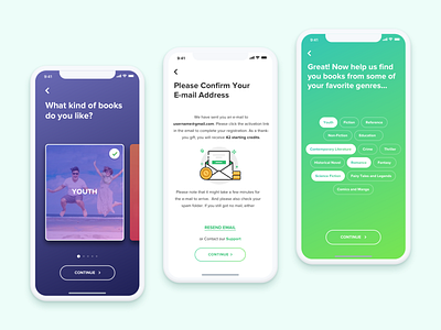 Mojoreads: Onboarding app design email illustration interests intro onboarding tags ui ux verify walkthrough