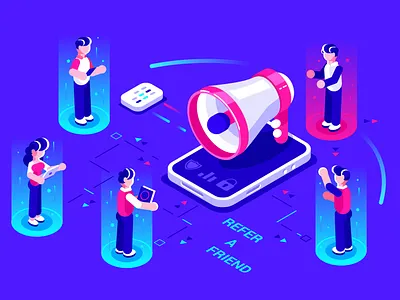 Refer a friend concept announcement application business business people character chatting design employee flat illustration internet isometric marketing megaphone online people phone refer referral vector