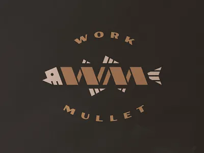 Business Up Top, Party Down Below. branding brown fins fish gills gold lines logo m mark mullet swim symbol texture w