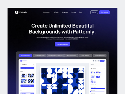 Patternly - Pattern Builder Hero Section blob generator branding builder creator css pattern editor generator geometric gradient graphic design landing page mesh gradient pattern pattern generator saas seamless pattern shapes svg generator template wallpaper