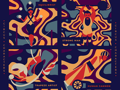 Circus Characters characters circus equilibrist human cannon illustration strong man trapeze