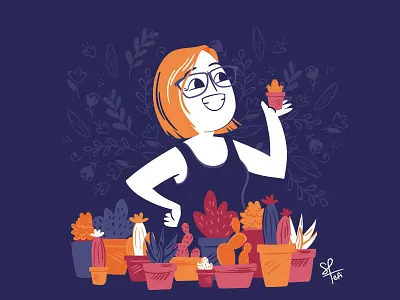 Crazy cactus lady cactus character flat friend garden happy illustration love plants spring vector