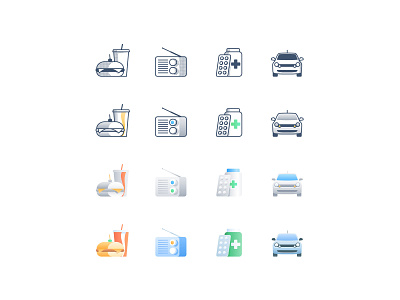 Iconography style exploration car drink drug drugstore fast food food gradient iconography icons illustration pharmacy radio sandwich