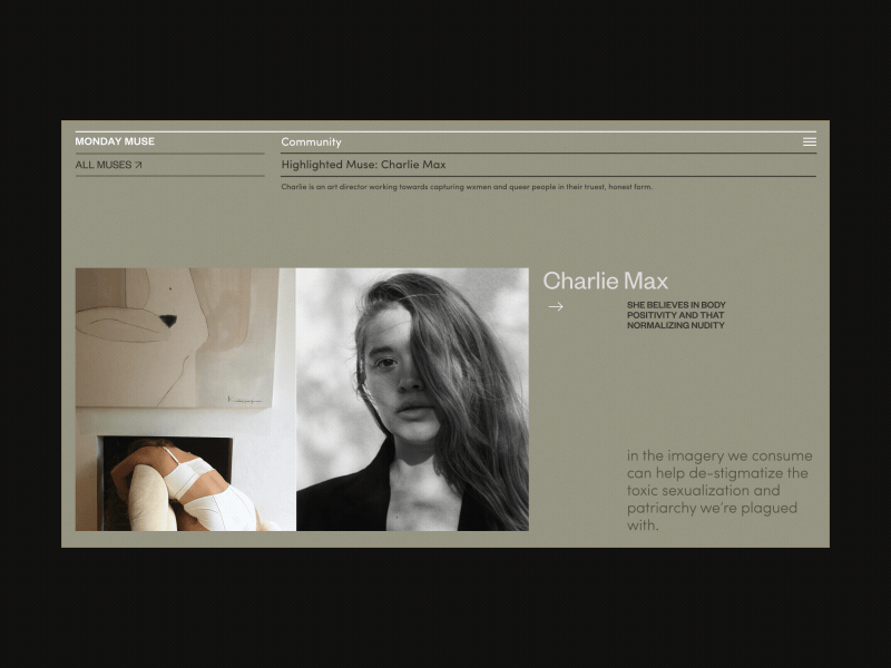 Muse Story Page Animation animation blog concept design fashion gif grid homepage interaction interface menu motion muse photo promo typography ui ux web website