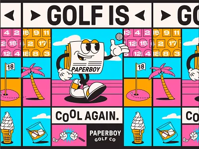 Paperboy Golf Co. apparel badge branding character character art design graphic identity illustration lettering mascot mascot logo typography