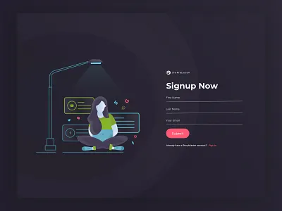 Signup page for social media campaign application black dark form illustration login sign in signup website