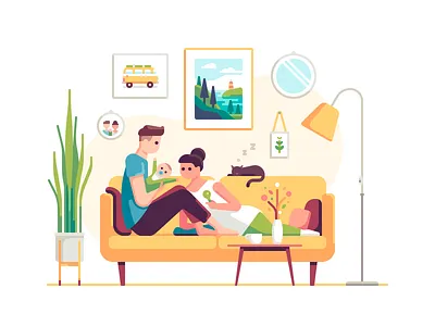 Family baby cat character color furniture illustration interior people