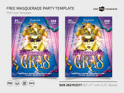 Free Masquerade Party Flyer Template + Instagram Post (PSD) event events flyer flyers free freebie instagram mardigras masquerade party photoshop print psd template templates
