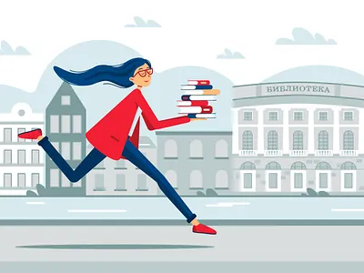 Library background blue book city girl illustration library red
