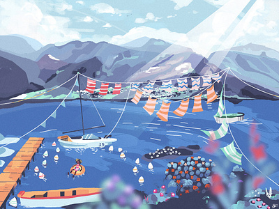 Lazy Sunday blue boat illustration lake mountains photoshop