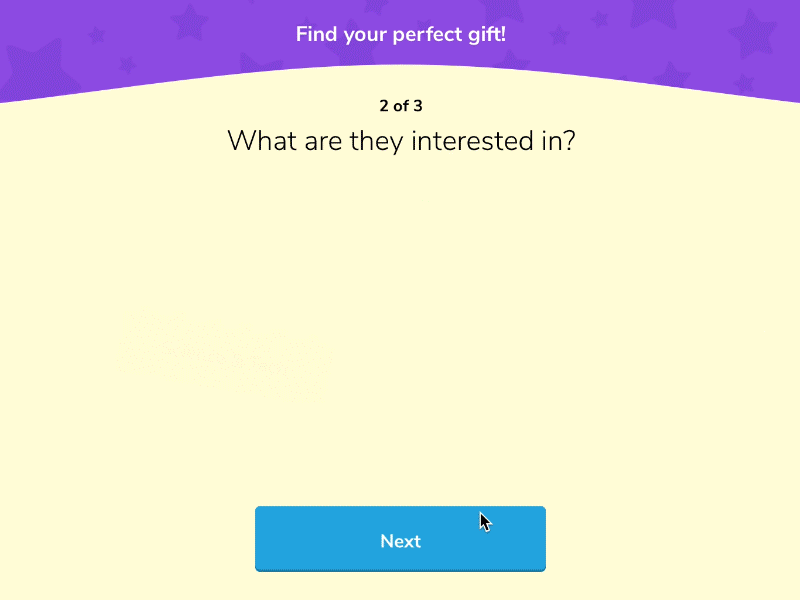 Gift Finder step 2 animation flat gif hobbies interests lego principle principleapp prototype toys ui