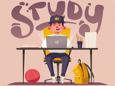 Schoolboy boy cartoon character design desk funny homework illustration kid learn room school study vector