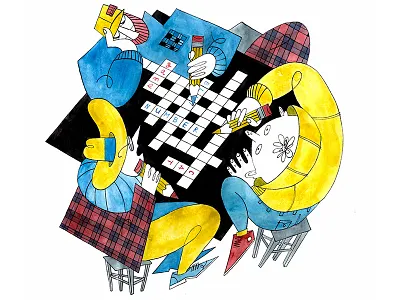 Crossword caracter cell cmyk color crossword friends game handdrawn illustration illustration art ink ink drawing pencil people puzzle raster stool watercolor watercolor art words