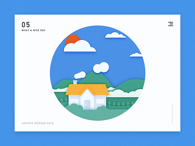 What a nice day 2d blue cloud design green house illustration mountain orange photoshop red sun tree wall web white yellow