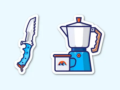 Survive, sure. But first, coffee! ☕️ adventure bialetti blade camping coffee coffee maker cup hiking icons illustration knife metal moka pot morning mountain saw stickers survive tools wood