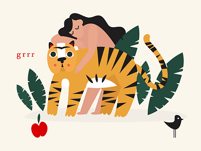 Illustration tiger and girl abstract design illustration plant procreate vector