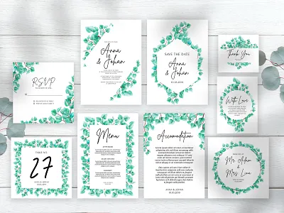 greenery eucalyptus leaves wedding invitation set beautiful border bouquet branch card decoration elegant floral frame greenery illustration invitation invite leaf plant romantic set spring vector wedding