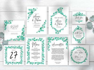 greenery eucalyptus leaves wedding invitation set beautiful border bouquet branch card decoration elegant floral frame greenery illustration invitation invite leaf plant romantic set spring vector wedding
