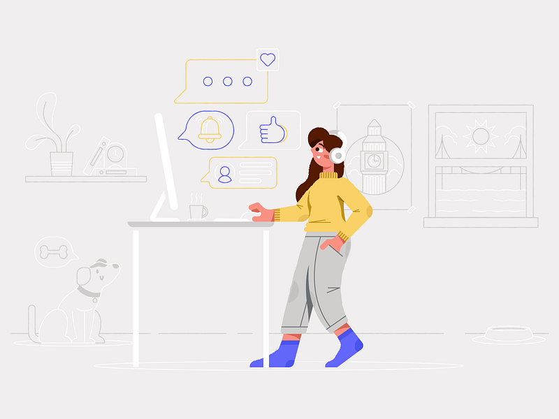 Remote Work: A Love/Hate Story big ben character dog girl golden gate bridge happy illustration london notifications remote design remote work san francisco video call wfh work from home