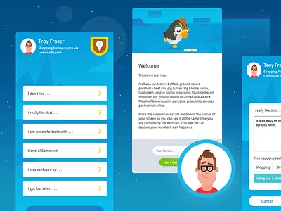 Research App Concept avatar blue character dashboard design design app flat design fun gamification html css html prototyping mascot mobile penguin profile research ux web webdesign website