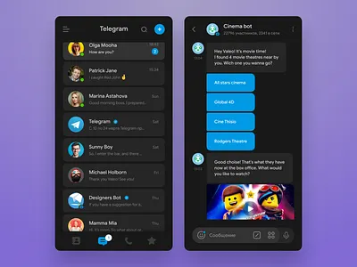 Telegram concept redesign (Dark mode) android app blue chatting clean clear concept dark dark mode dark theme figma messaging messanger night mode redesign sketch telegram ui ux whatsapp