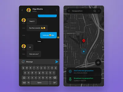 Telegram concept redesign (Dark mode) android app blue chatting clean clear concept dark dark mode dark theme figma geolocation map messaging messanger mobile keyboard night mode redesign sketch telegram