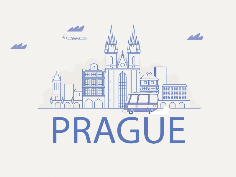 Travel to Praque after effects animation explainer video illustrator infographic infomercial minivan plane prague travel vector graphic