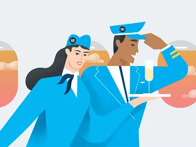 First Class champaign air hostess airplane celebration champaign clouds digital art editorial illustration first class flying illustration pilot sunset